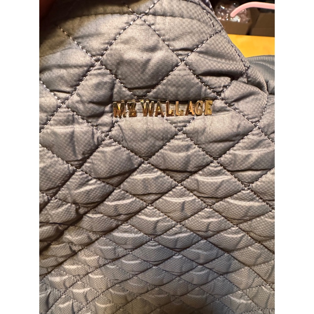 MZ Wallace Medium Metro Tote Grey Quilted Nylon Shoulder Bag Gold Hardware